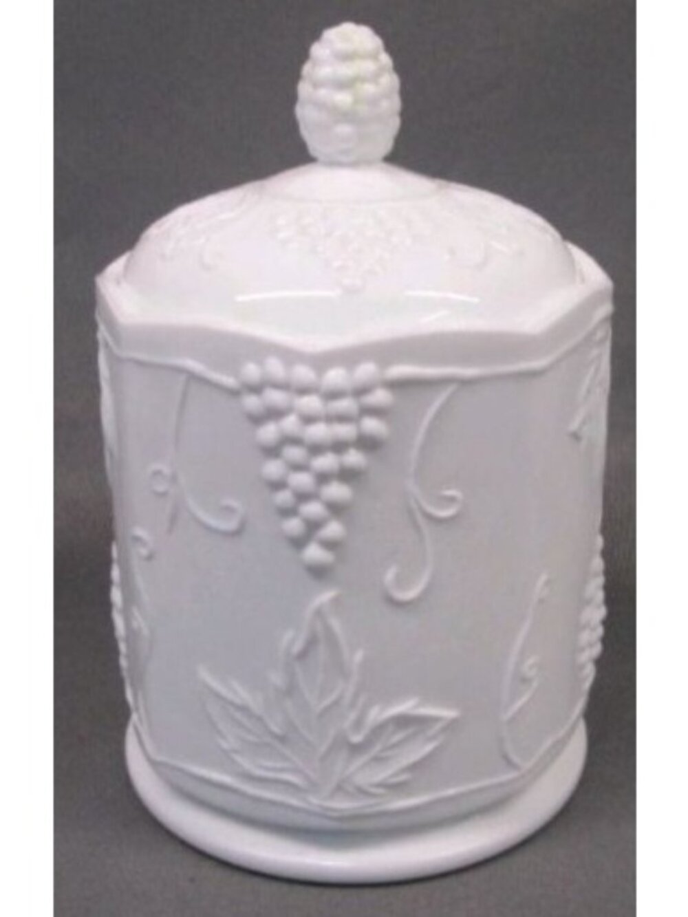 Anchor Hocking Vintage White Ceramic Jar With Grape & Leaf Embossed Design Lid
